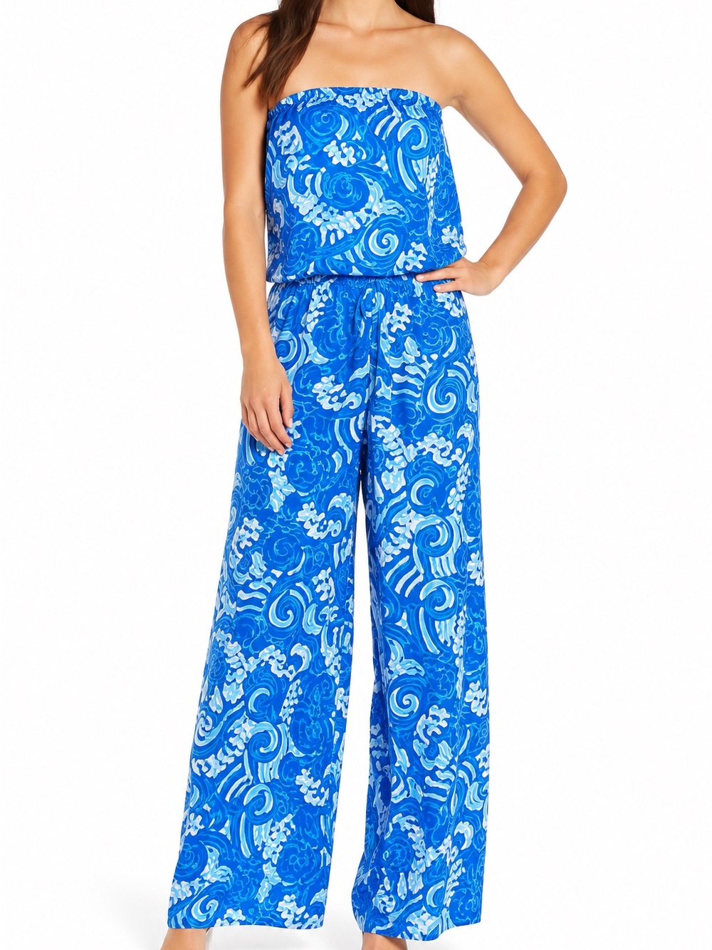 Lilly Pulitzer Pim Strapless Jumpsuit Chasing Tail Blue Fish Print -  XS
